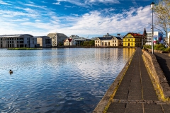 View north across Tjornin towards the AlÞinghusið, Reykjavik
