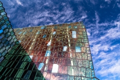 Exterior of the Harpa opera house against a blue sky